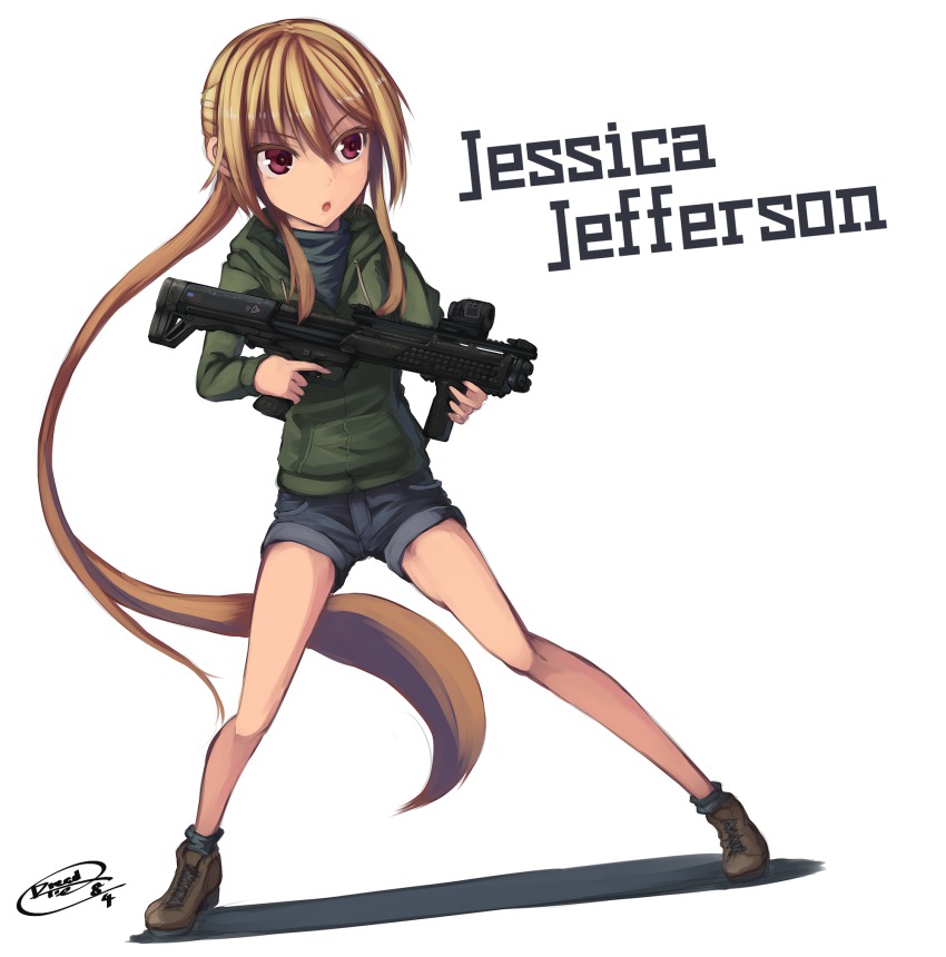 1girl bad_id bad_pixiv_id blonde_hair bullpup denim denim_shorts dreadtie female_focus foregrip gun highres hood hoodie jessica_jefferson kel-tec_ksg long_hair original pump-action_shotgun pump_action red_eyes shorts shotgun simple_background solo standing trigger_discipline vertical_forward_grip very_long_hair weapon
