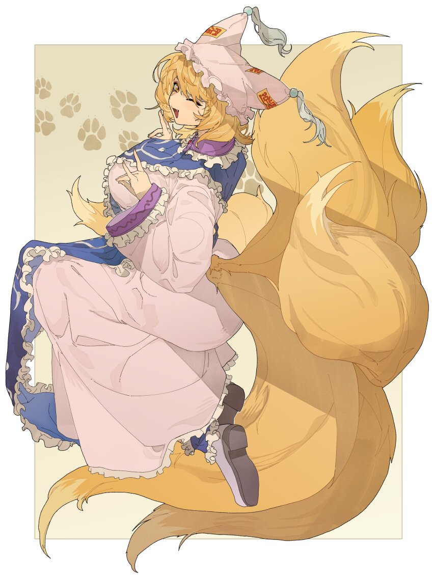 1girl absurdres animal_ears blonde_hair blue_tabard breasts double_fox_shadow_puppet dress fang fox_ears fox_girl fox_shadow_puppet fox_tail frilled_dress frills from_side full_body hat highres kitsune kyuubi large_breasts long_sleeves looking_at_viewer mob_cap multiple_tails one_eye_closed open_mouth paw_print paw_print_background shimiya_jin shoes short_hair smile solo tabard tail touhou white_shoes wide_sleeves yakumo_ran yellow_eyes
