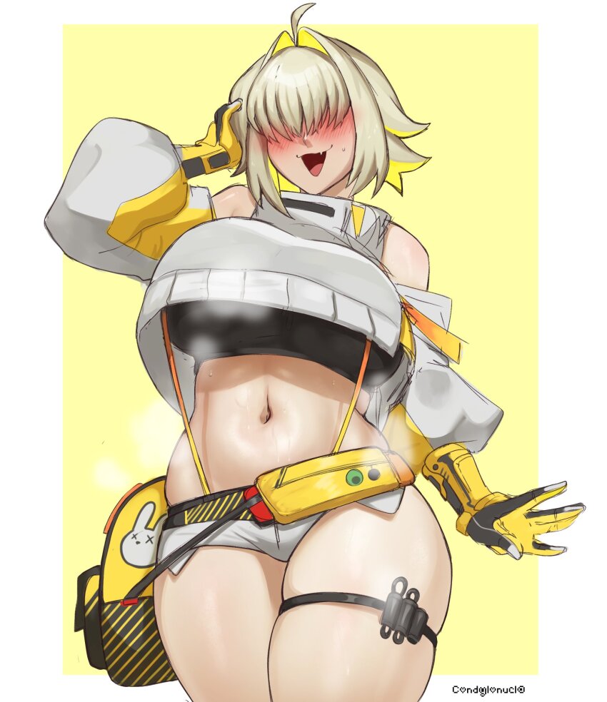 1girl ahoge blonde_hair blush breasts condylonucla elegg_(nikke) fang gloves goddess_of_victory:_nikke hair_intakes hair_over_eyes highres large_breasts long_bangs long_sleeves multicolored_hair navel open_mouth shorts simple_background sketch smile solo steam suspenders sweat thigh_strap thighs two-tone_hair