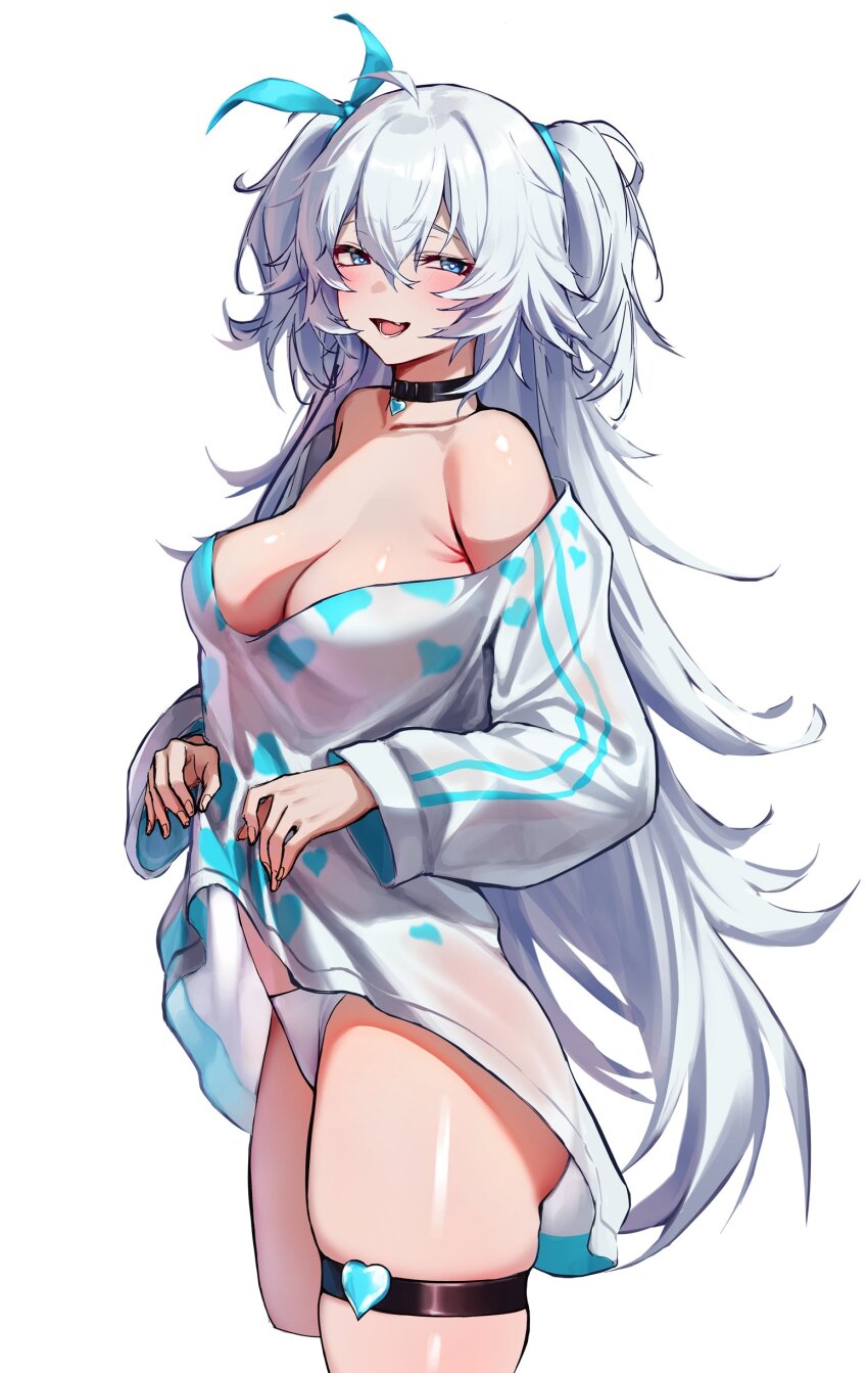 1girl 3_small_spiders absurdres bare_shoulders black_choker breasts choker collarbone commentary_request cowboy_shot cropped_legs florence_(girls&#039;_frontline_2) from_side girls&#039;_frontline girls&#039;_frontline_2:_exilium grey_eyes grey_hair highres long_hair long_sleeves looking_at_viewer looking_to_the_side off-shoulder_shirt off_shoulder official_alternate_costume open_mouth pa-15_(girls&#039;_frontline) pa-15_(marvelous_yam_pastry)_(girls&#039;_frontline) panties purple_hair see-through_clothes see-through_shirt shirt simple_background solo underwear white_background white_panties