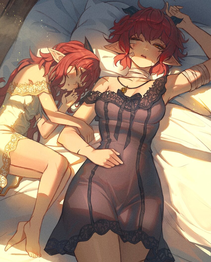 2girls armpits bandages bandaid breasts child commentary dpin_(user_adhr8855) dragon_girl dragon_horns english_commentary hair_between_eyes highres horns jewelry long_hair lying medium_breasts multiple_girls necklace off_shoulder on_back on_side original pillow pointy_ears red_hair scar short_hair siblings silka_(dpin) sisters sleeping