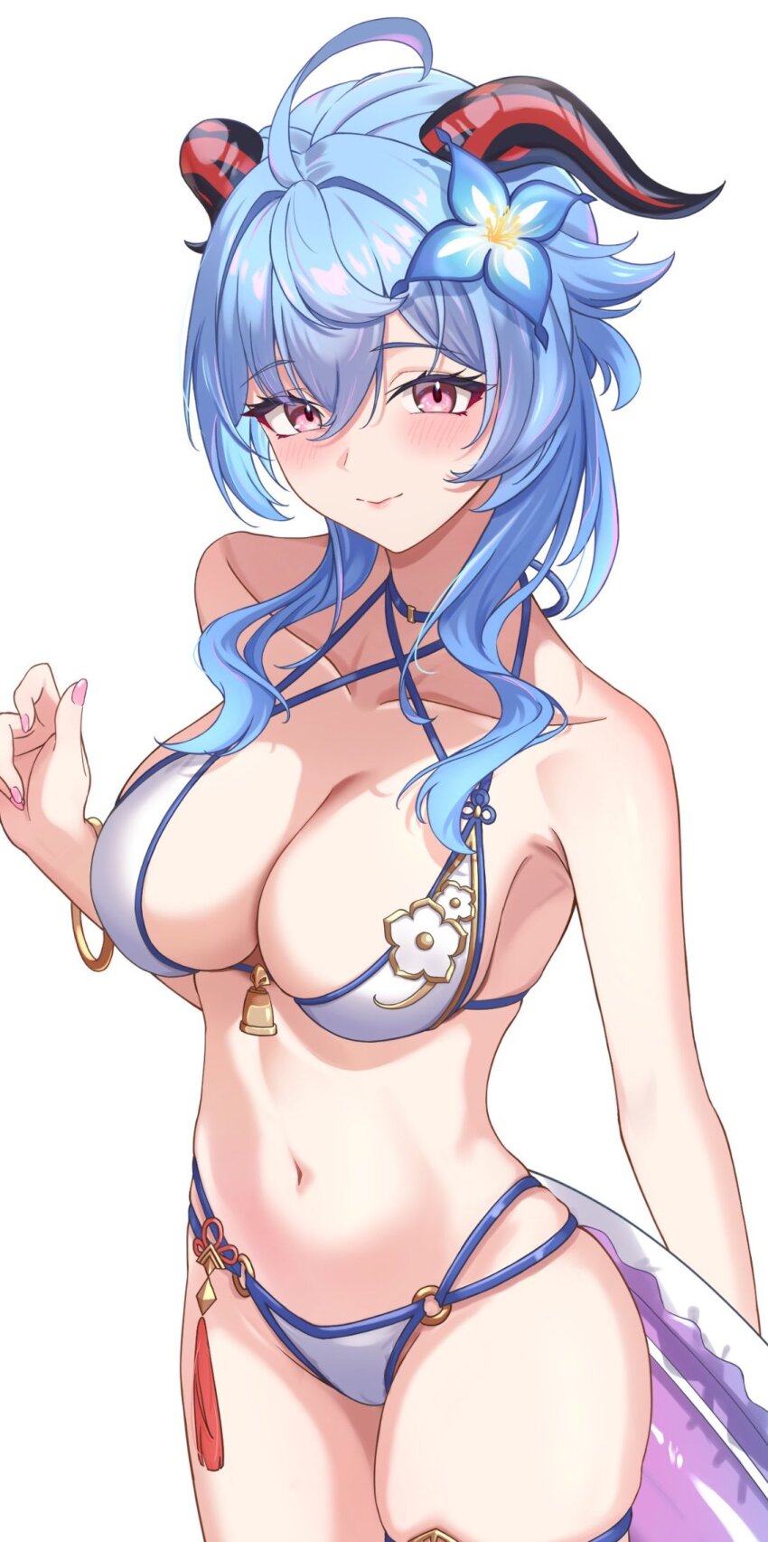 1girl ahoge bare_shoulders bell blue_flower blue_hair blush breasts cleavage closed_mouth cropped fingernails flower ganyu_(genshin_impact) genshin_impact glaze_lily goat_horns hair_flower hair_ornament hand_up highres horns large_breasts lifebuoy long_hair looking_at_viewer nail_polish navel pink_nails purple_eyes sidelocks smile solo standing swim_ring swimsuit tassel vic_1223 white_background