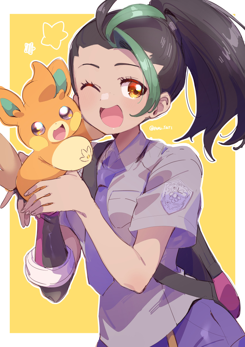 1girl ;d absurdres black_gloves black_hair black_shorts blush border collared_shirt commentary_request elbow_gloves fingerless_gloves gloves green_hair highres holding holding_pokemon long_hair looking_at_viewer multicolored_hair nemona_(pokemon) nintendo one_eye_closed open_mouth outside_border pawmi pokemon pokemon_(creature) pokemon_sv red_eyes school_uniform serizawa_serizane shirt shorts single_glove smile star_(symbol) streaked_hair uva_academy_school_uniform white_border white_shirt yellow_background