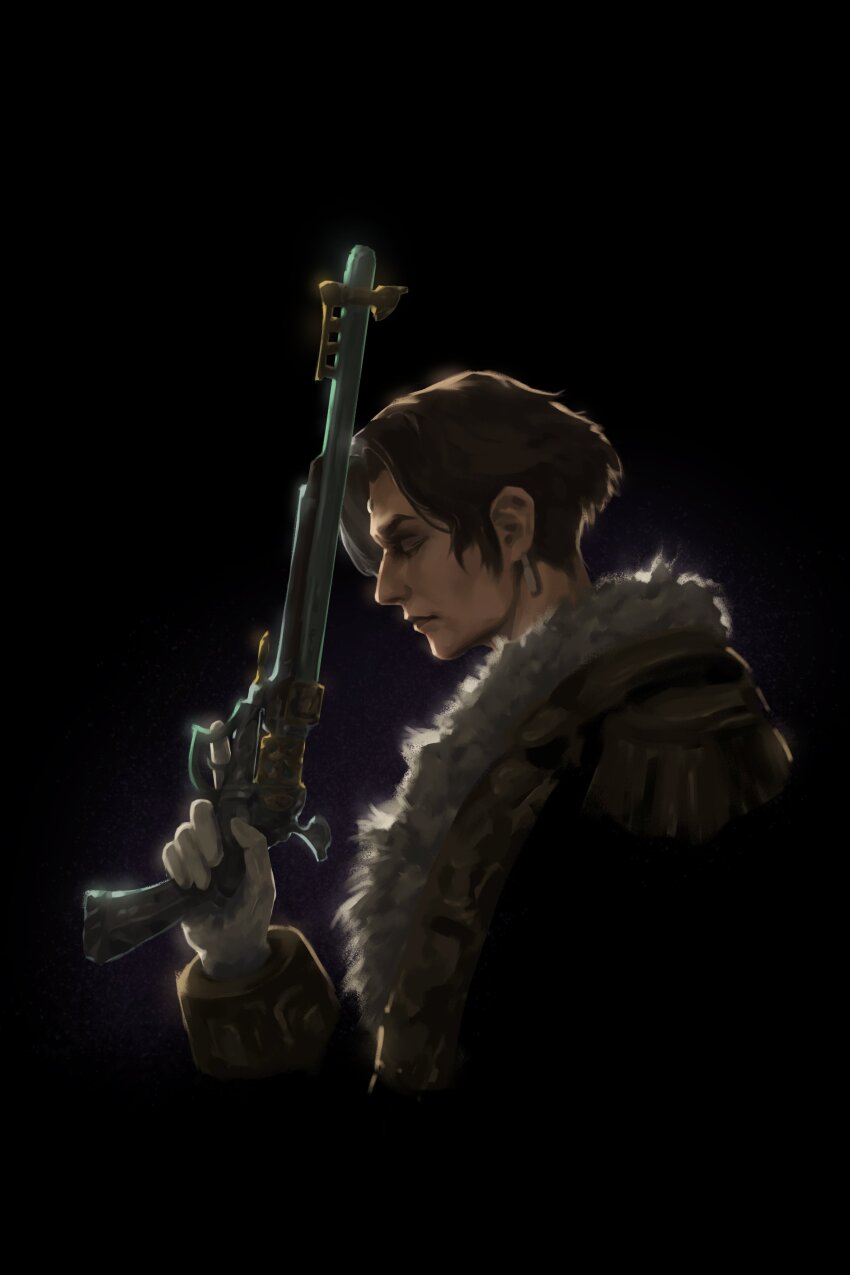 1boy absurdres brown_hair closed_mouth coat earrings emet-selch epaulettes final_fantasy final_fantasy_xiv formtheheadcom from_side garlean gloves gun handgun highres jewelry male_focus profile revolver short_hair solo trigger_discipline weapon white_gloves