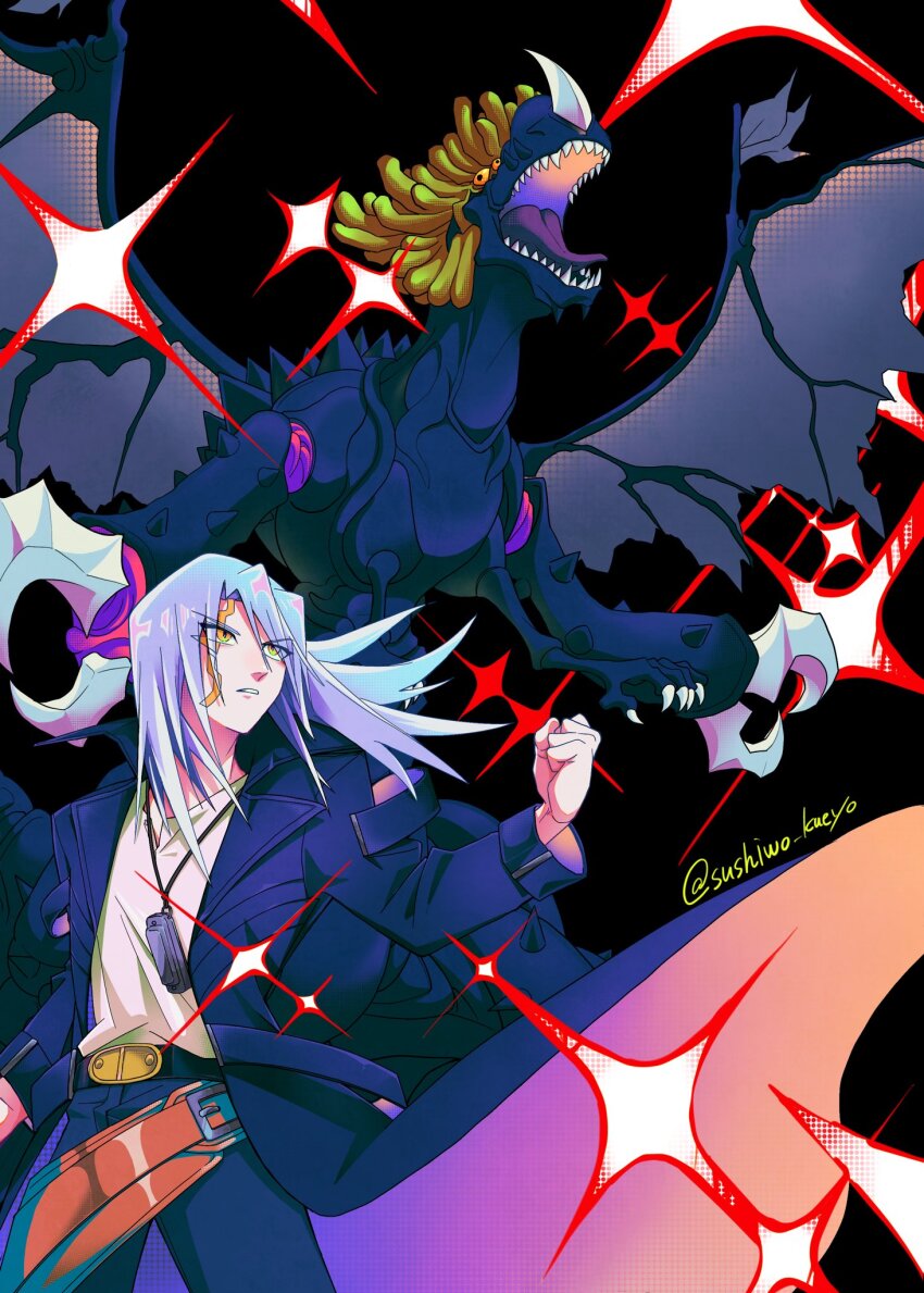 1boy black_background black_coat black_pants coat commentary_request cowboy_shot duel_monster extra_eyes facial_mark grey_hair harmonica highres infernity_doom_dragon instrument kiryu_kyosuke long_hair open_mouth pants red_eyes sharp_teeth shirt simple_background teeth tokiwajing white_shirt yellow_eyes yu-gi-oh! yu-gi-oh!_5d&#039;s