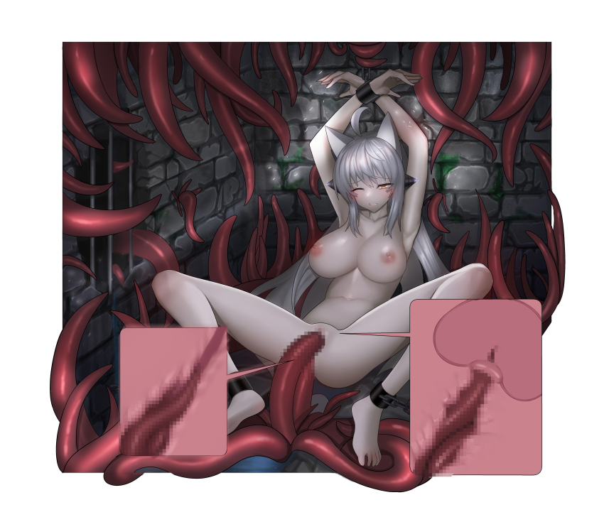 1girl absurdres ahoge anal animal_ears ankle_cuffs armpits arms_behind_head arms_up bound bound_ankles bound_wrists breasts brick_wall cat_ears censored cervical_penetration cervix chain clenched_teeth completely_nude cuffs deep_penetration double_penetration dungeon elsword eve_(elsword) hair_between_eyes highres large_breasts long_hair mosaic_censoring multiple_vaginal nude one_eye_closed orange_eyes pale_skin pussy rape restrained rur4885 sex shackles sidelocks solo_focus spread_legs teeth tentacle_sex tentacles uterus vaginal very_long_hair white_hair x-ray yellow_eyes