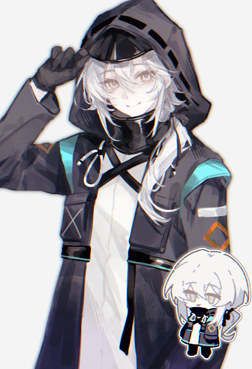 androgynous arknights arm_up black_coat black_gloves chibi chibi_inset chinese_commentary chromatic_aberration closed_mouth coat commentary_request doctor_(arknights) gloves grey_background hair_between_eyes highres hood hood_up hooded_coat long_hair long_sleeves looking_at_viewer open_clothes open_coat simple_background smile solo split_mouth white_eyes white_hair yizhiezi645