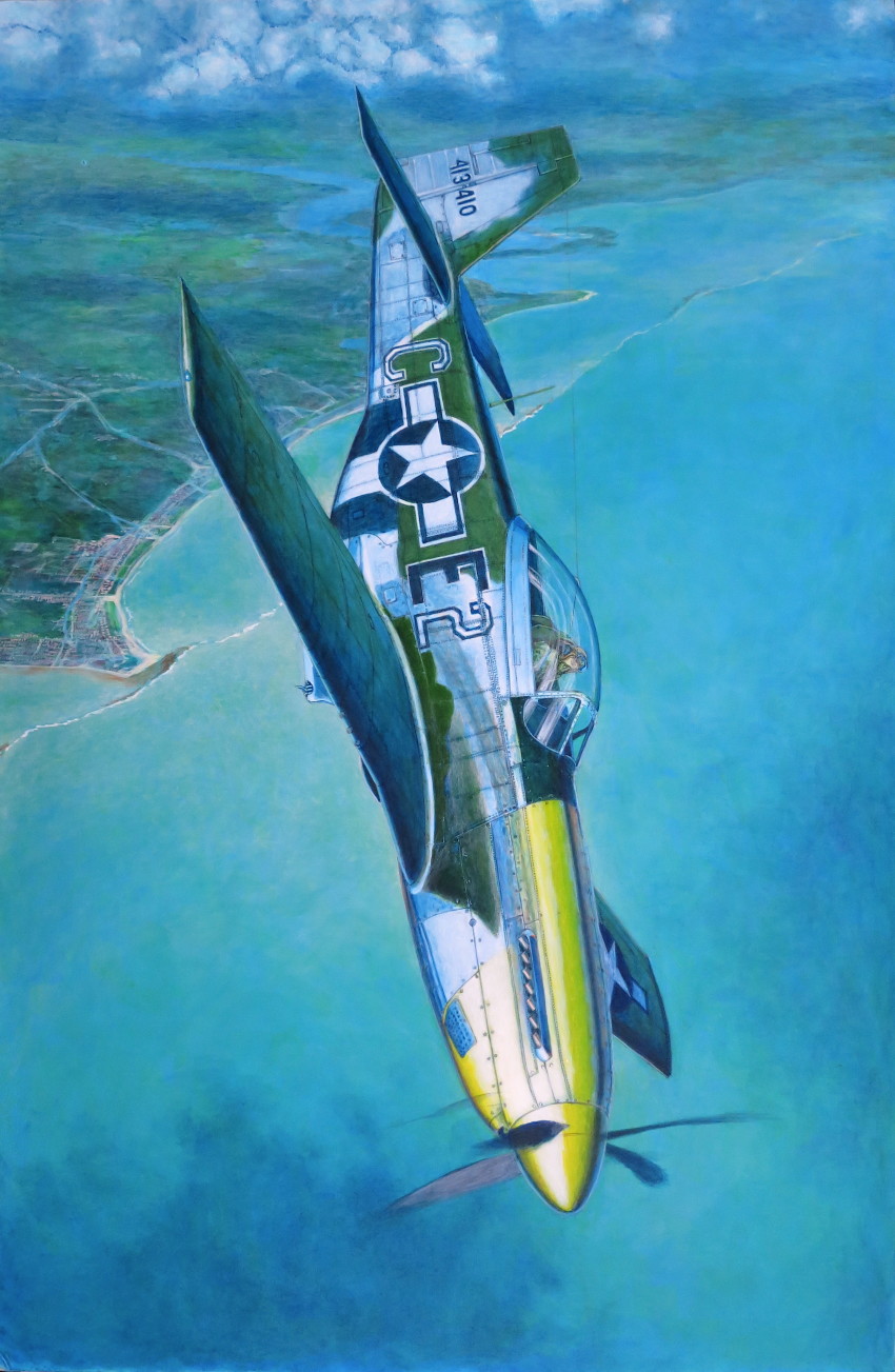 1boy absurdres acrylic_paint_(medium) aircraft airplane bad_id bad_pixiv_id biplane calligraphy_brush_(medium) city commentary day escort_fighter flying hayashi_toshihiro highres male_focus military military_vehicle ocean outdoors p-51_mustang painting_(medium) propeller_fighter real_life scenery solo traditional_media vehicle_focus water