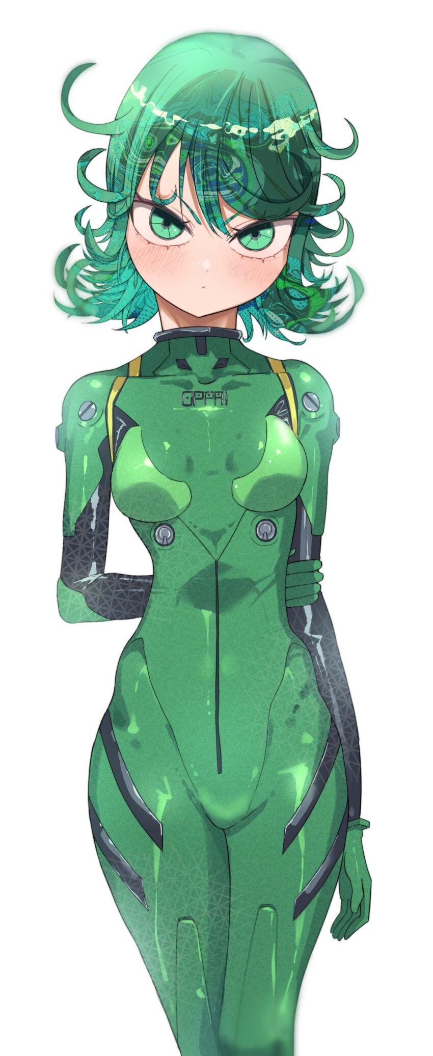 1girl :/ absurdres artist_request ass blush bodysuit breasts cosplay curly_hair curvy green_bodysuit green_eyes green_hair highres huge_ass long_sleeves mecha_pilot_suit neon_genesis_evangelion one-punch_man plugsuit_(cosplay) plugsuit_(evangelion) shiny_clothes shiny_skin short_hair tatsumaki thighs white_background wide_hips