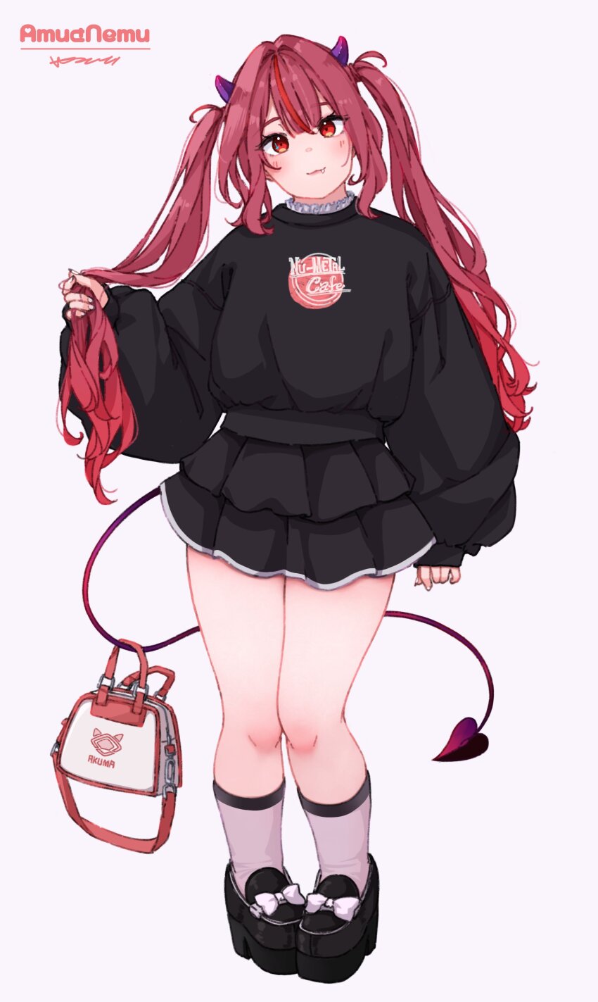 1girl :3 absurdres amu-chan_(kohe_billialot) bag black_shirt black_shorts block_heels blush bow collar demon_girl demon_horns demon_tail english_text fang footwear_bow frilled_collar frilled_shorts frills gradient_hair hair_between_eyes head_tilt high_heels highres holding holding_bag holding_own_hair horns kohe_billialot long_hair long_sleeves looking_at_viewer multicolored_hair original prehensile_tail purple_horns red_eyes red_hair shirt shorts signature simple_background smile solo standing tail thighs twintails two-tone_bag uneven_twintails white_background white_bow wide_sleeves