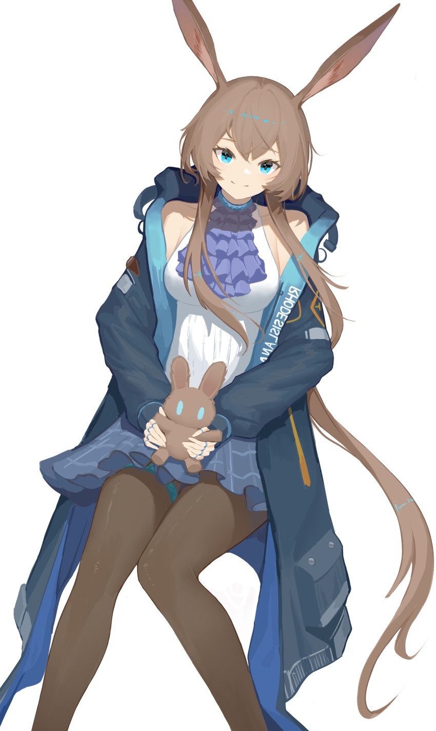 1girl absurdres amiya_(arknights) animal_ears arknights ascot bare_shoulders black_coat blue_coat blue_collar blue_eyes blue_skirt brown_hair brown_pantyhose chinese_commentary closed_mouth clothes_writing coat collar commentary_request feet_out_of_frame highres hood hood_down hooded_coat invisible_chair jewelry long_hair long_sleeves looking_at_viewer miniskirt mirrored_text open_clothes open_coat pantyhose partial_commentary purple_ascot ring shirt sidelocks simple_background sitting skirt sleeveless sleeveless_shirt smile solo split_mouth stuffed_toy thighlet very_long_hair white_background white_shirt yan_z