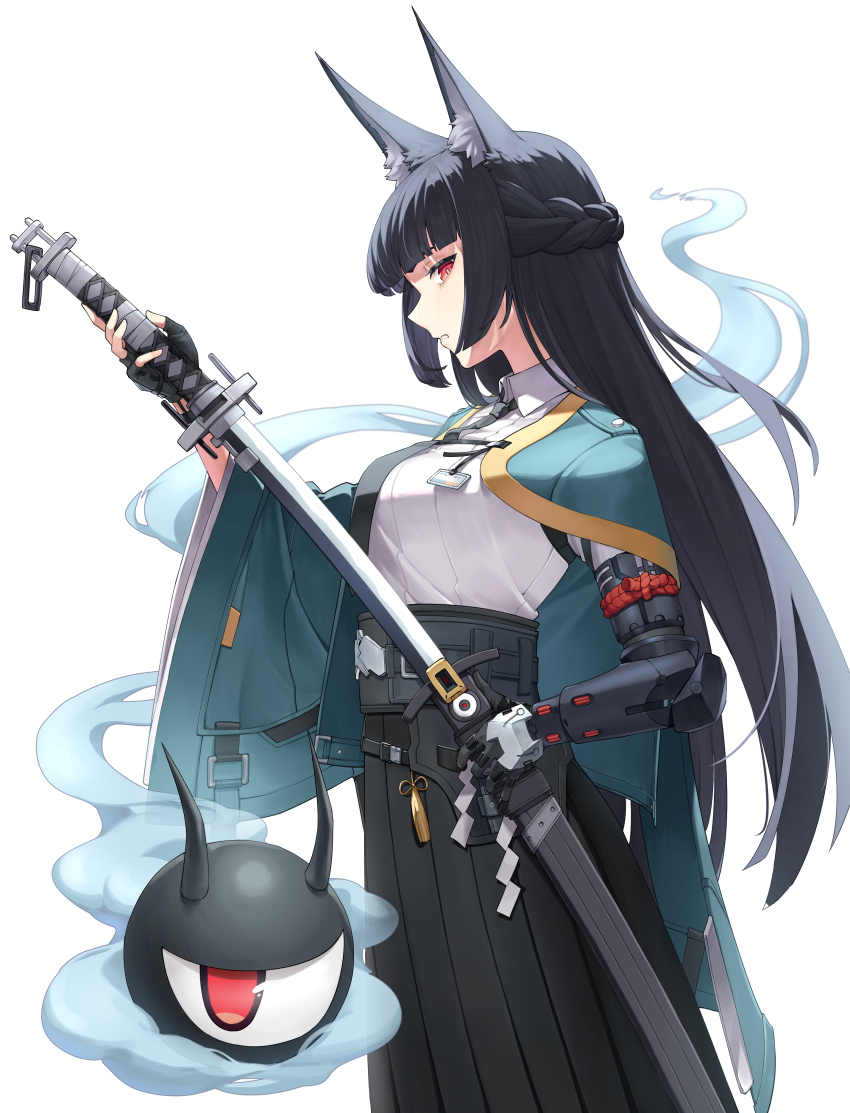1girl absurdres animal_ear_fluff animal_ears black_gloves black_necktie black_skirt blunt_bangs cowboy_shot dress_shirt fingerless_gloves fox_ears fox_girl from_side gauntlets gloves green_jacket high-waist_skirt highres holding holding_sword holding_weapon hoshimi_miyabi jacket katana long_hair looking_at_viewer necktie parted_lips police_riot_(artist) red_eyes shirt sidelocks simple_background single_fingerless_glove skirt solo sword tailless_(zenless_zone_zero) weapon white_background white_shirt zenless_zone_zero