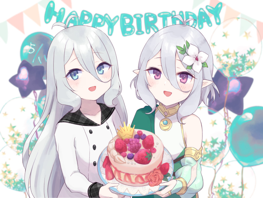 :d antenna_hair balloon bare_shoulders blue_eyes blurry blurry_background bridal_gauntlets cake commentary_request dated depth_of_field detached_sleeves dress dual_persona flower food green_sleeves grey_hair grey_sailor_collar gucchiann hair_between_eyes hair_flower hair_ornament happy_birthday highres holding holding_plate kokkoro_(princess_connect!) kokkoro_(real)_(princess_connect!) long_hair long_sleeves open_mouth plaid_clothes plaid_sailor_collar plate pointy_ears princess_connect! puffy_long_sleeves puffy_sleeves purple_eyes sailor_collar sleeveless sleeveless_dress smile star_(symbol) very_long_hair white_dress white_flower