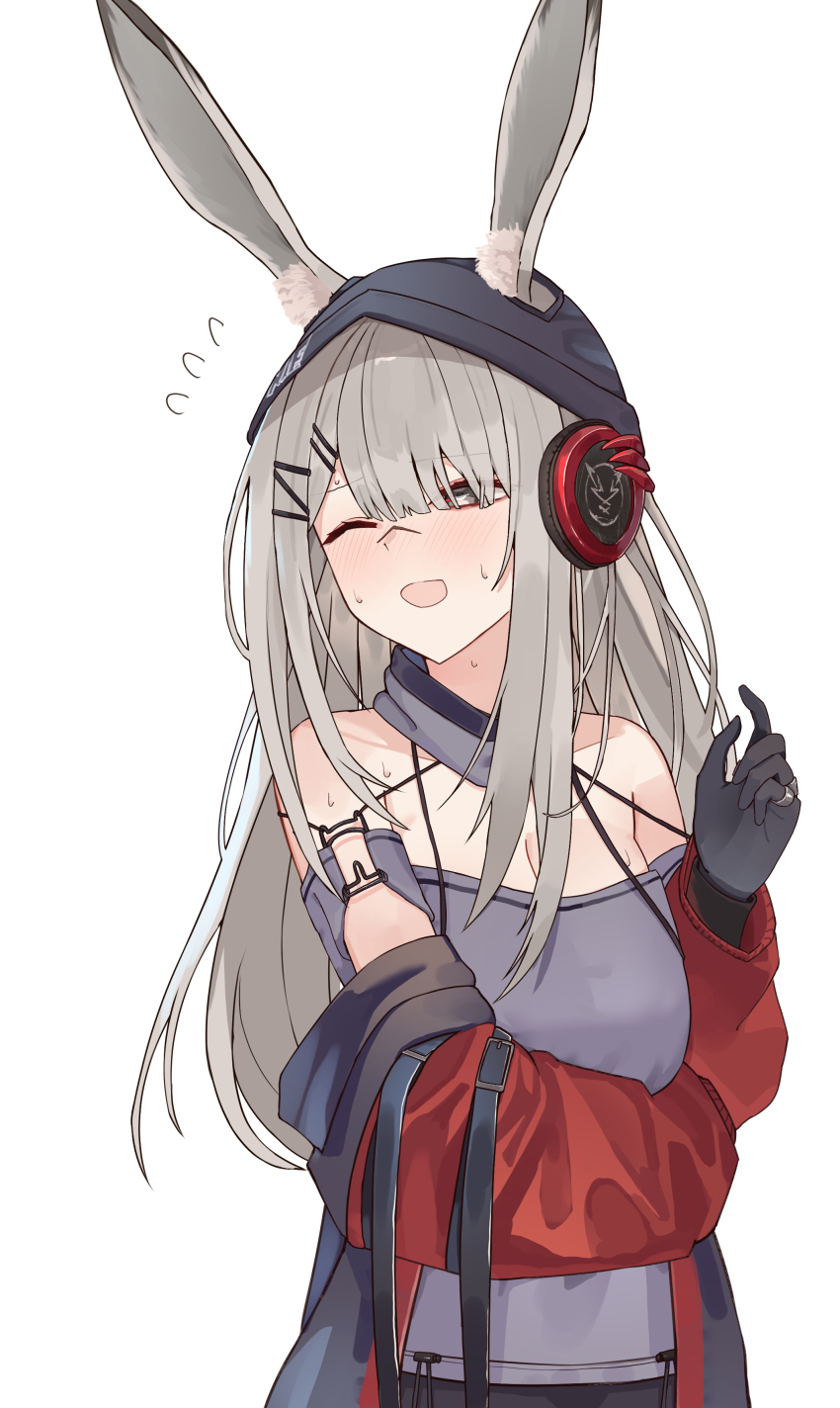 1girl absurdres animal_ears arknights bare_shoulders black_gloves black_hat black_jacket blush breasts cleavage commentary_request cosplay ears_through_headwear flying_sweatdrops frostleaf_(arknights) frostleaf_(arknights)_(cosplay) frostnova_(arknights) gloves grey_eyes grey_hair grey_shirt hair_ornament hairclip halterneck hat headphones highres jacket jewelry long_hair medium_breasts multiple_rings off_shoulder one_eye_closed open_mouth red_sleeves ring scar scar_on_face scar_on_nose shirt solo suzubotan sweat turning_head