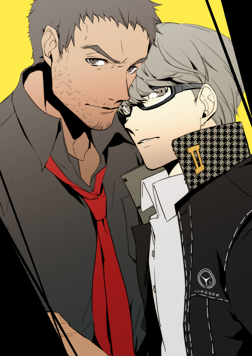 2boys absurdres beard_stubble black-framed_eyewear black_jacket brown_eyes collared_shirt commentary_request doujima_ryoutarou facial_hair glasses grey_eyes grey_hair grey_shirt high_collar highres jacket male_focus mature_male multiple_boys mustache_stubble narukami_yu necktie no-kan open_clothes open_jacket parted_lips persona persona_4 red_necktie school_uniform shirt short_hair stubble upper_body white_shirt yaoi yasogami_school_uniform