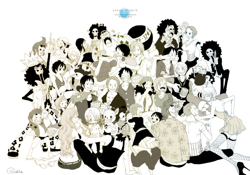 6+boys 6+girls afro aged_down artist_request bandana barefoot blush boots bouquet bow breasts brook_(one_piece) carrying child cigarette cleavage cotton_candy crown cup cyborg denim doppelganger dress drinking dual_persona earrings eating everyone eyewear_on_head fishnets flower food franky_(one_piece) fruit genderswap genderswap_(mtf) goggles hair_bow hair_over_one_eye happy haramaki hat high_heels highres holding holding_cotton_candy holding_food jeans jewelry kneeling long_hair long_nose luffyko male_swimwear medium_breasts midriff monkey_d._luffy monochrome mug multiple_boys multiple_girls multiple_persona nami_(one_piece) necktie nico_robin one-eyed one_piece open_clothes open_shirt orange_(fruit) overalls pants reindeer reindeerboy roronoa_zoro saliva sanji_(one_piece) sash scar shirt shoes short_hair simple_background sitting skeleton slingshot_(weapon) small_breasts smoking standing straw_hat striped_clothes striped_shirt sunglasses suspenders swim_briefs thighhighs time_paradox tony_tony_chopper usopp vest
