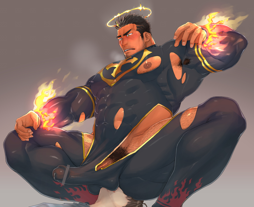 2boys abs armpits bad_id bad_pixiv_id bara blush body_hair bodysuit bulge erection erection_under_clothes facial_hair fire halo highres large_pectorals male_focus manly multiple_boys muscular nipples pectorals pelvic_curtain penis protagonist_4_(housamo) size_difference skin_tight solo solo_focus spiked_hair straddling stubble sweat testicles thighs tokyo_houkago_summoners torn_bodysuit torn_clothes yaoi yuatari zabaniyya_(housamo)