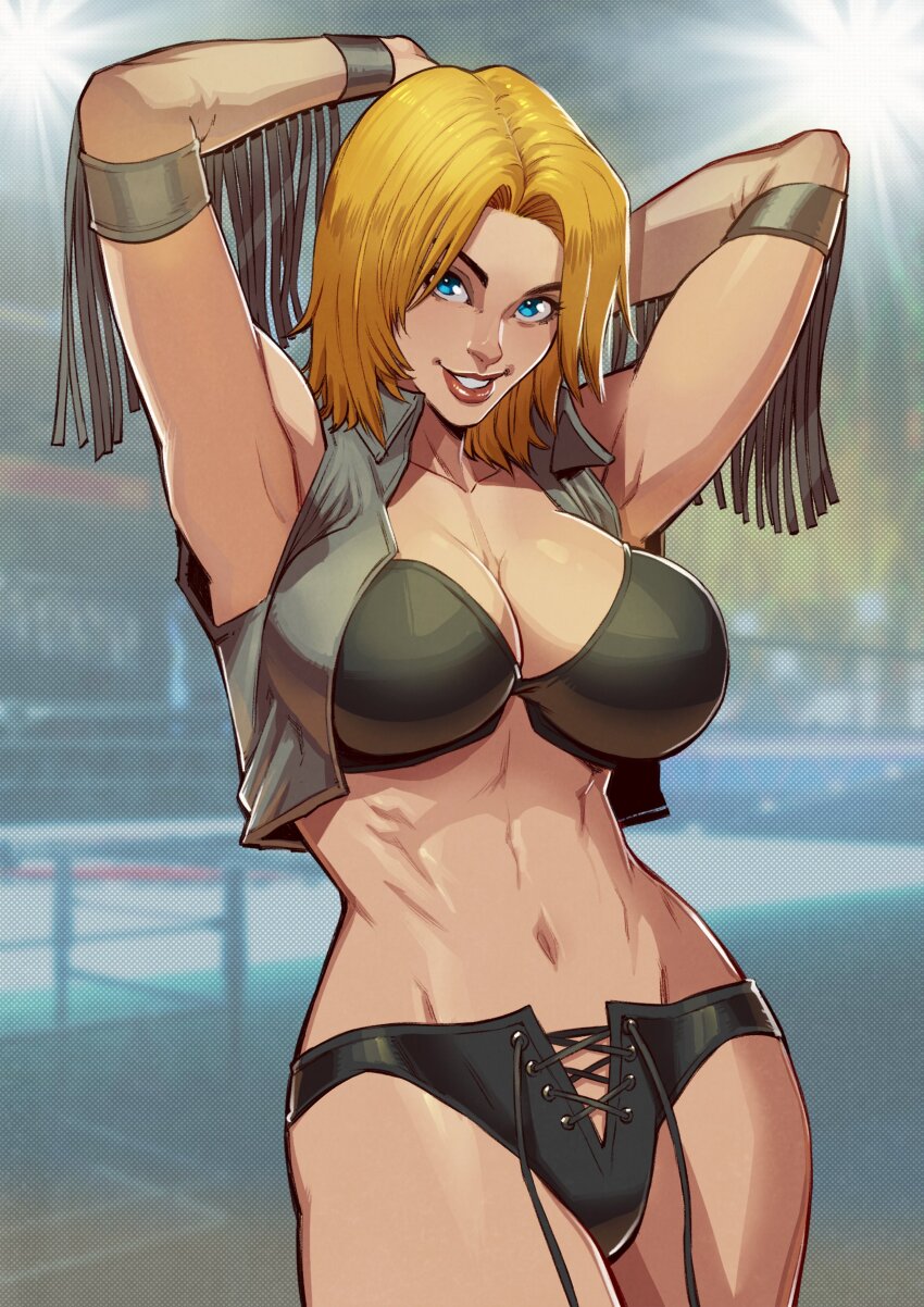 absurdres armpits arms_up bare_legs bare_shoulders black_bra black_panties blonde_hair blue_eyes bra breasts cleavage cropped_jacket danusko dead_or_alive fringe_trim highres large_breasts medium_hair midriff navel open_mouth panties smile strapless strapless_bra tina_armstrong toned toned_female underwear wrestling_outfit wrestling_ring