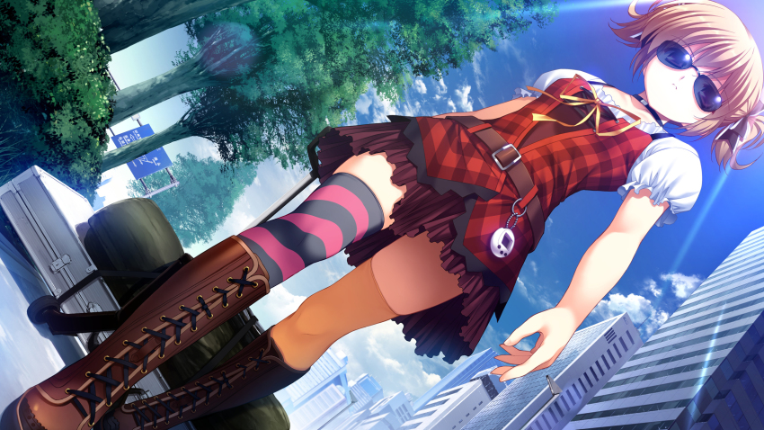 10s 1girl asymmetrical_legwear bag belt blonde_hair blue_sky boots brown_eyes building bush cart choker city cloud dress dutch_angle female_focus frown fumio_(ura_fmo) game_cg grisaia_(series) grisaia_no_kajitsu grisaia_no_meikyuu hair_ribbon highres irisu_makina knee_boots lace-up_boots legs mismatched_legwear plaid_clothes plaid_dress puffy_short_sleeves puffy_sleeves ribbon road_sign serious short_hair short_sleeves sign skirt sky solo striped_clothes striped_thighhighs suitcase sunglasses sunlight tamagotchi thighhighs tree twintails walking yellow_ribbon
