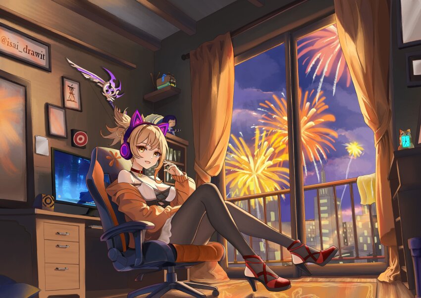1girl :d absurdres alt_text analog_clock animal_ear_headphones animal_ears artist_logo balcony blonde_hair bookshelf bow_(weapon) breasts carpet casual cat_ear_headphones chair choker cleavage clock commentary_request curtains desk drawer dress fake_animal_ears fireworks gaming_chair genshin_impact hand_up headphones high_heels highres hood hooded_jacket indoors isai_salazar jacket logo long_hair looking_at_viewer medium_breasts monitor night off_shoulder open_mouth orange_jacket pendant_choker picture_frame ponytail red_choker red_shoes screen shoes signature sitting sleeveless sleeveless_dress smile spanish_commentary spanish_text stirrup_legwear swivel_chair title_screen toeless_legwear translated twitter_username video_game weapon weapon_on_wall white_dress window wooden_floor yellow_eyes yoimiya_(genshin_impact)