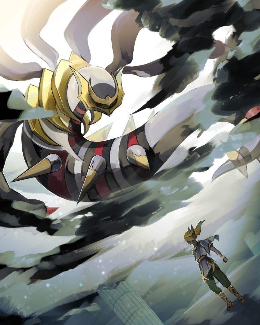 1boy absurdres black_clouds blonde_hair bracelet broken_pillar capri_pants cloud floating_hair gen_4_pokemon giratina giratina_(origin) green_pants highres jewelry legendary_pokemon long_hair male_focus nintendo outdoors pants pointy_hair pokemon pokemon_legends:_arceus shirt sky standing takigami_san volo_(pokemon) white_shirt