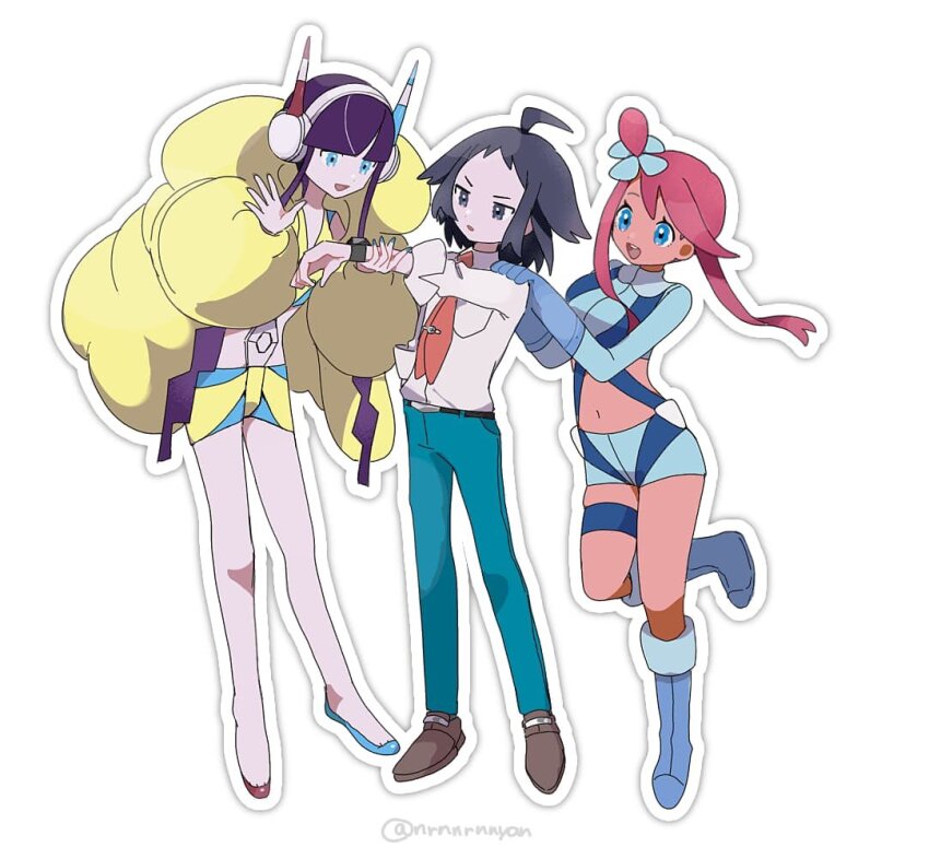 1boy 2girls :d ahoge black_hair blue_eyes blue_gloves blue_shorts blunt_bangs cheren_(pokemon) elesa_(pokemon) eneko_(olavcnkrpucl16a) full_body game_freak gloves headphones jacket long_sleeves multiple_girls navel necktie nintendo open_clothes open_jacket open_mouth outline pants pokemon pokemon_bw2 red_hair red_necktie shirt shorts skyla_(pokemon) smile twitter_username white_background white_outline white_shirt yellow_jacket yellow_shorts