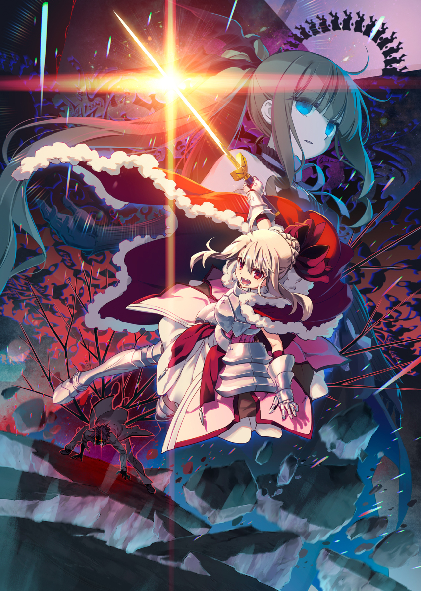 1boy 2girls artoria_pendragon_(fate) cosplay excalibur_(fate/stay_night) excalibur_(mythology) fate/kaleid_liner_prisma_illya fate_(series) fighting_stance glowing glowing_sword glowing_weapon highres hiroyama_hiroshi illyasviel_von_einzbern illyasviel_von_einzbern_(saber_install) multiple_girls official_art pandora_(prisma_illya) projected_inset red_eyes saber_(fate) saber_(fate)_(cosplay) weapon white_hair