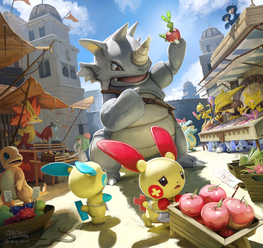 abra alakazam apple applin apron avalugg charmander croconaw delphox food fruit gen_1_pokemon gen_2_pokemon gen_3_pokemon gen_6_pokemon gen_8_pokemon highres horns kadabra kirlia looking_at_another market_stall minun murkrow nintendo open_mouth plusle pokemon pokemon_(creature) rhydon shopping single_horn standing worried