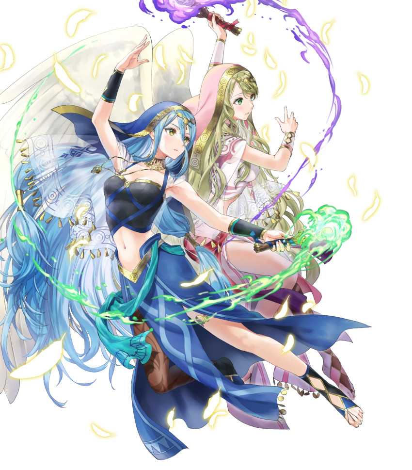 2girls azura_(fire_emblem) azura_(hatari)_(fire_emblem) blonde_hair blue_eyes breasts capelet detached_collar dress feathered_wings fire fire_emblem fire_emblem:_radiant_dawn fire_emblem_fates fire_emblem_heroes full_body gold_trim green_eyes habit highres holding jewelry kaya8 leanne_(fire_emblem) leanne_(hatari)_(fire_emblem) long_hair medium_breasts midriff multiple_girls navel necklace nintendo non-web_source official_art pantyhose see-through_clothes stomach toes torch transparent_background very_long_hair wings yellow_eyes