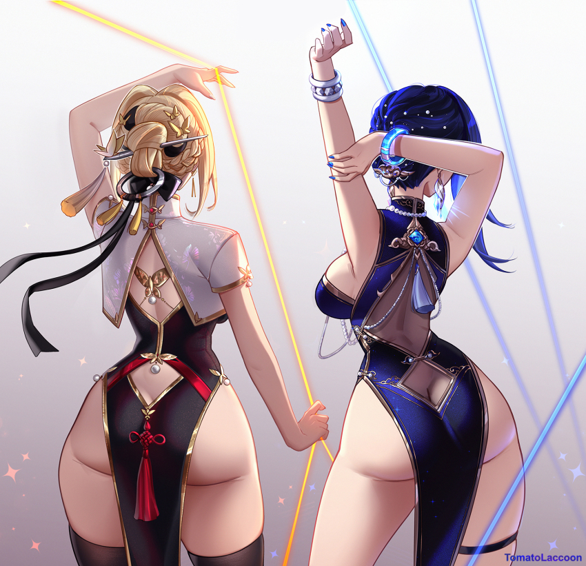 2girls alternate_costume alternate_hairstyle arm_up arms_up artist_name ass back backboob bare_shoulders black_ribbon black_thighhighs blonde_hair blue_hair breasts butt_crack china_dress chinese_clothes clothing_request commentary company_connection cowboy_shot crossover dress english_commentary evelyn_chevalier facing_away from_behind genshin_impact gradient_background hair_ornament hair_stick highres large_breasts long_ribbon median_furrow mihoyo multiple_girls nape paid_reward_available ribbon ring_hair_ornament short_hair standing thighhighs tomatolaccoon underbutt white_background wide_shot yelan_(genshin_impact) zenless_zone_zero