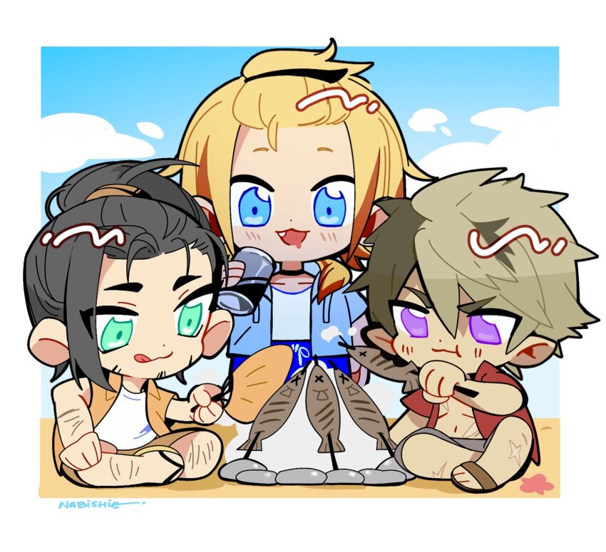 3boys alternate_hairstyle arm_hair axel_syrios bangs_pinned_back beach beard_stubble black_hair blonde_hair blue_eyes blue_sky can chibi crimzon_ruze cross_scar eating facial_hair fang fanning fish_(food) flip-flops green_eyes grey_hair grilled_fish hand_fan highres holding holding_can holding_fan holding_skewer holostars holostars_english hood hoodie josuiji_shinri leg_hair licking_lips male_focus multicolored_hair multiple_boys nnes_98 open_clothes open_mouth open_shirt pointy_ears ponytail purple_eyes red_hair red_shirt saliva sandals scar scar_on_leg shirt short_sleeves sitting skewer sky stubble summer swimsuit tongue tongue_out two-tone_hair virtual_youtuber white_shirt