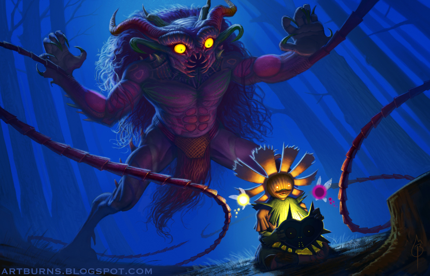 abs alternate_form claws colored_sclera commentary creature english_commentary fairy fairy_wings fangs flammableperson forest green_eyes hat highres holding holding_mask horns long_hair looking_at_another looking_down majora&#039;s_wrath majora_(entity) mask monster nature night nintendo open_mouth sitting skull_kid standing tael tatl tentacles the_legend_of_zelda the_legend_of_zelda:_majora&#039;s_mask video_game wings yellow_eyes yellow_sclera