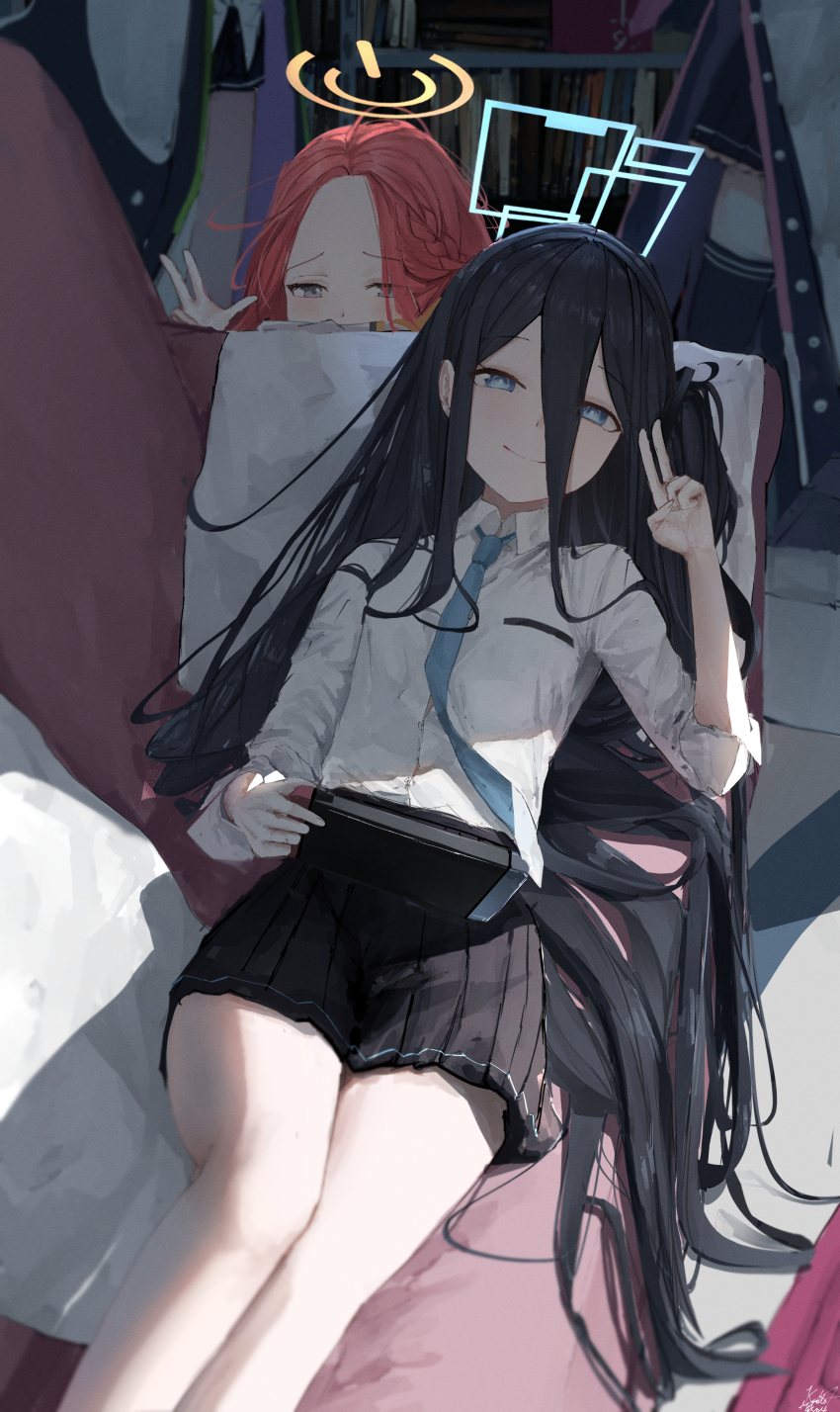 4girls absurdly_long_hair absurdres aris_(blue_archive) black_hair black_hairband black_skirt blue_archive blue_eyes blue_halo blue_necktie blush braid commentary couch forehead game_development_department_(blue_archive) grey_eyes hair_flowing_over hairband halo handheld_game_console highres holding holding_handheld_game_console kyatto-mikazu long_hair looking_at_viewer lying midori_(blue_archive) momoi_(blue_archive) multiple_girls necktie on_couch one_side_up orange_halo red_hair ringed_eyes shirt skirt smile thighs v very_long_hair w white_shirt yuzu_(blue_archive)