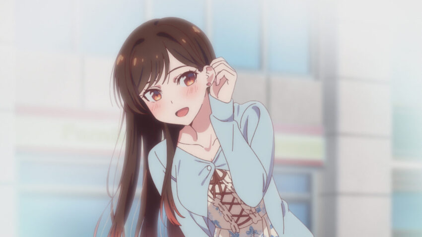 1girl :d anime_screenshot blue_shirt blurry blurry_background blush breasts brown_eyes brown_hair brown_ribbon dress earrings heart heart_earrings jewelry kanojo_okarishimasu leaning_to_the_side long_hair long_sleeves looking_at_viewer mizuhara_chizuru neck_ribbon official_art open_mouth ribbon shirt sleeves_past_wrists smile solo swept_bangs white_dress