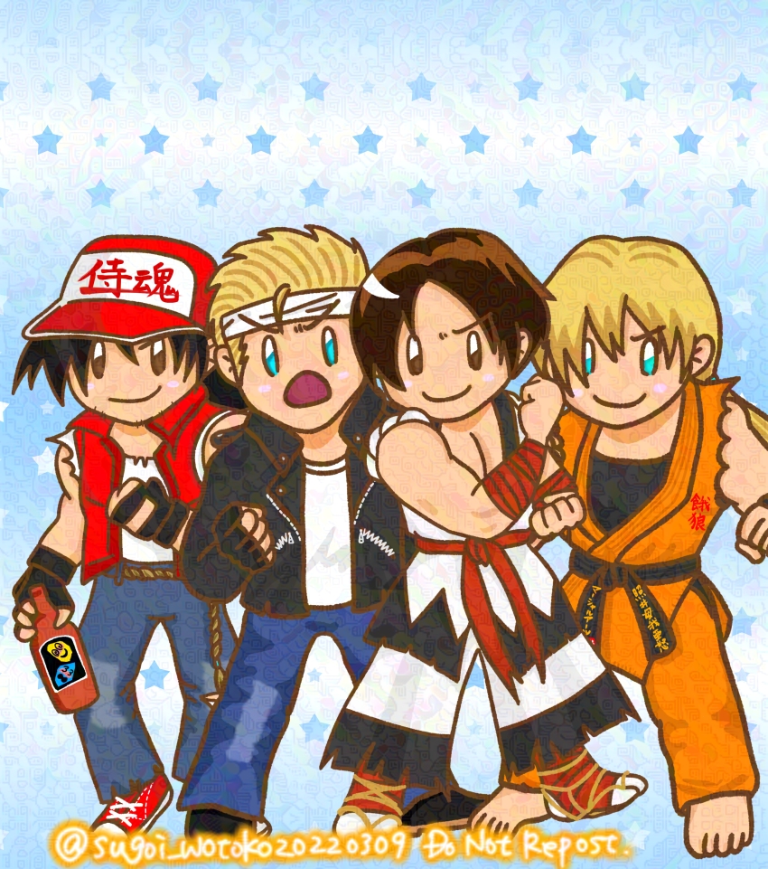 4boys absurdres cosplay costume_switch fatal_fury haoumaru highres kusanagi_kyo multiple_boys ryou_sakazaki ryuuko_no_ken samurai_shodown terry_bogard the_king_of_fighters