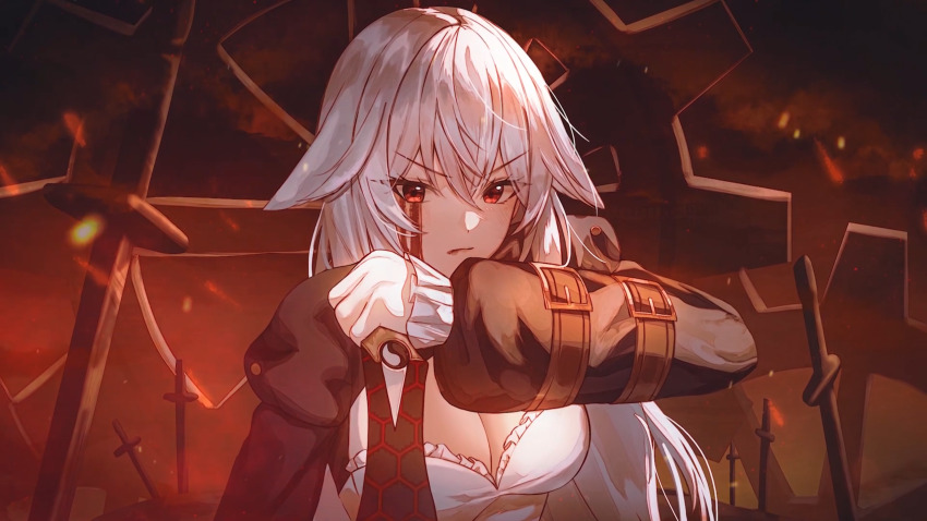 1girl archer_(fate) black_dress black_keys_(type-moon) blood blood_on_face bloody_tears breasts dress emiya_shirou fate/stay_night fate_(series) gears gloves highres holding holding_sword holding_weapon invisible_air_(fate) kanshou_&amp;_bakuya_(fate) long_hair looking_at_viewer multiple_swords multiple_weapons only original planted planted_sword planted_weapon red_eyes sword too_many_weapons unlimited_blade_works_(reality_marble) weapon white_dress white_gloves white_hair yin_yang
