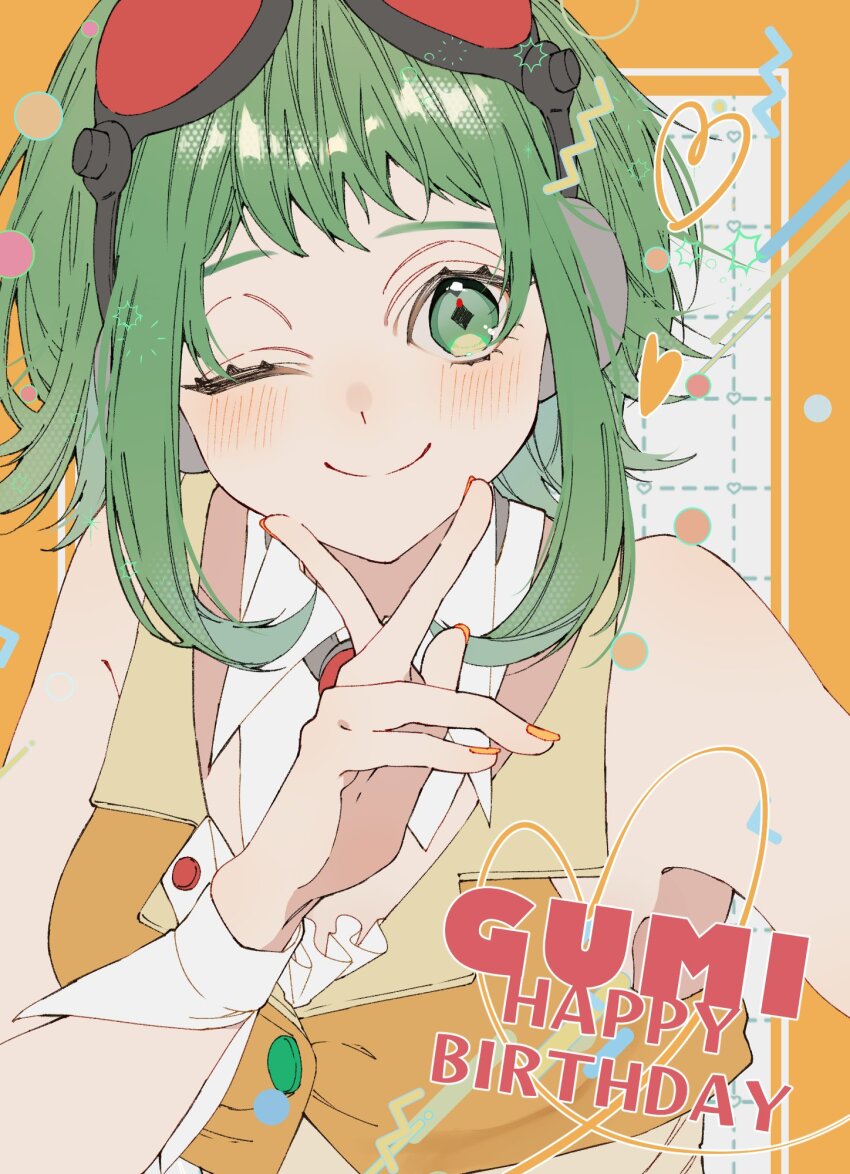 1girl ;) bare_shoulders border character_name closed_mouth commentary cropped_jacket detached_collar goggles goggles_on_head green_eyes green_hair grid_background gumi hand_up happy_birthday headphones heart highres jacket manya_sora nail_polish one_eye_closed orange_border orange_jacket orange_nails outside_border short_hair sidelocks simple_background sleeveless sleeveless_jacket smile solo upper_body v vocaloid white_background wing_collar wrist_cuffs