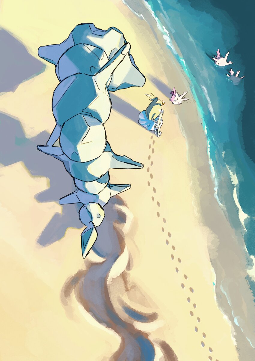 1girl absurdres blonde_hair corsola day donnpati dress footprints from_above gen_2_pokemon hair_bobbles hair_ornament highres jasmine_(pokemon) long_hair nintendo outdoors pokemon pokemon_(creature) pokemon_gsc sand sandals shore standing steelix two_side_up water