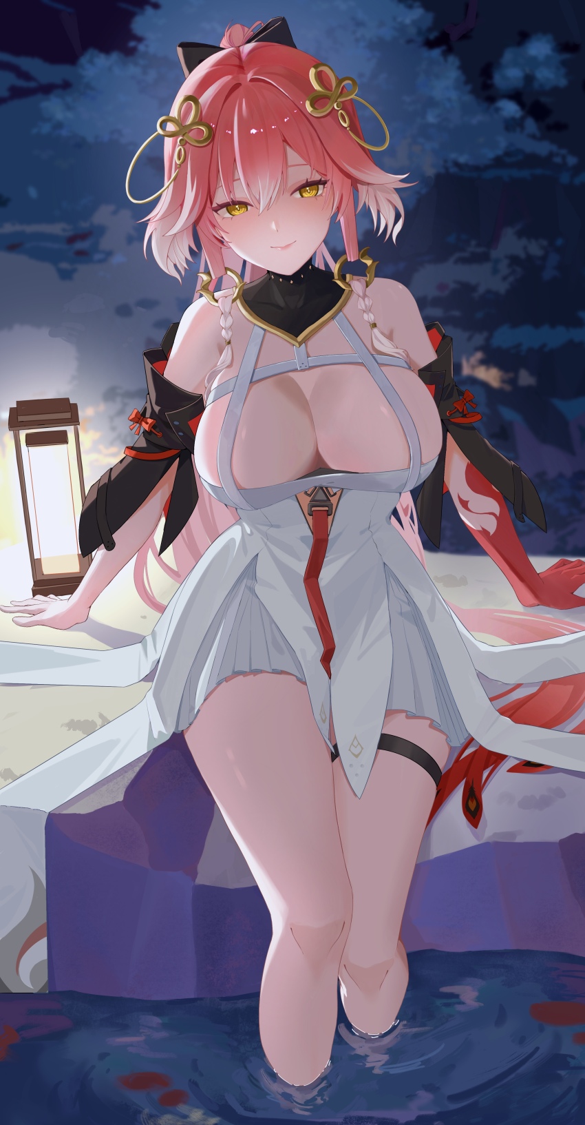 1girl absurdres bare_shoulders black_bow black_collar bow braid breasts changli_(wuthering_waves) chinese_commentary cleavage closed_mouth collar colored_extremities commentary_request dress hair_bow hair_extensions hair_ornament highres large_breasts legs long_hair looking_at_viewer multicolored_hair no_jacket pink_hair ponytail red_hands ring_hair_extensions sitting smile soaking_feet solo thigh_strap twin_braids two-tone_hair very_long_hair white_dress white_hair wuthering_waves yellow_eyes youmiao_oxo