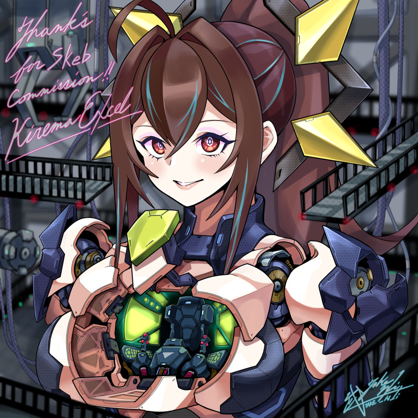 1girl absurdres ahoge amputee android breasts brown_eyes brown_hair cockpit commission giant giantess hair_between_eyes hair_intakes highres long_hair looking_at_viewer mecha mecha_musume mechabare medium_breasts original ponytail robot skeb_commission smile solo take_nii