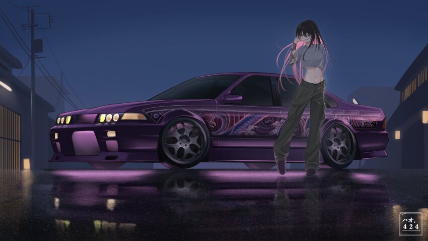 1girl absurdres arm_tattoo artist_name black_footwear black_hair black_pants breasts car cargo_pants colored_inner_hair commentary cropped_shirt english_commentary floating_hair glowing grey_shirt haow highres long_hair looking_down looking_to_the_side medium_breasts midriff motor_vehicle multicolored_hair night nissan nissan_cefiro original outdoors pants parted_lips pink_hair purple_eyes shirt shizuku_inoue_(haow) smile solo tattoo very_long_hair