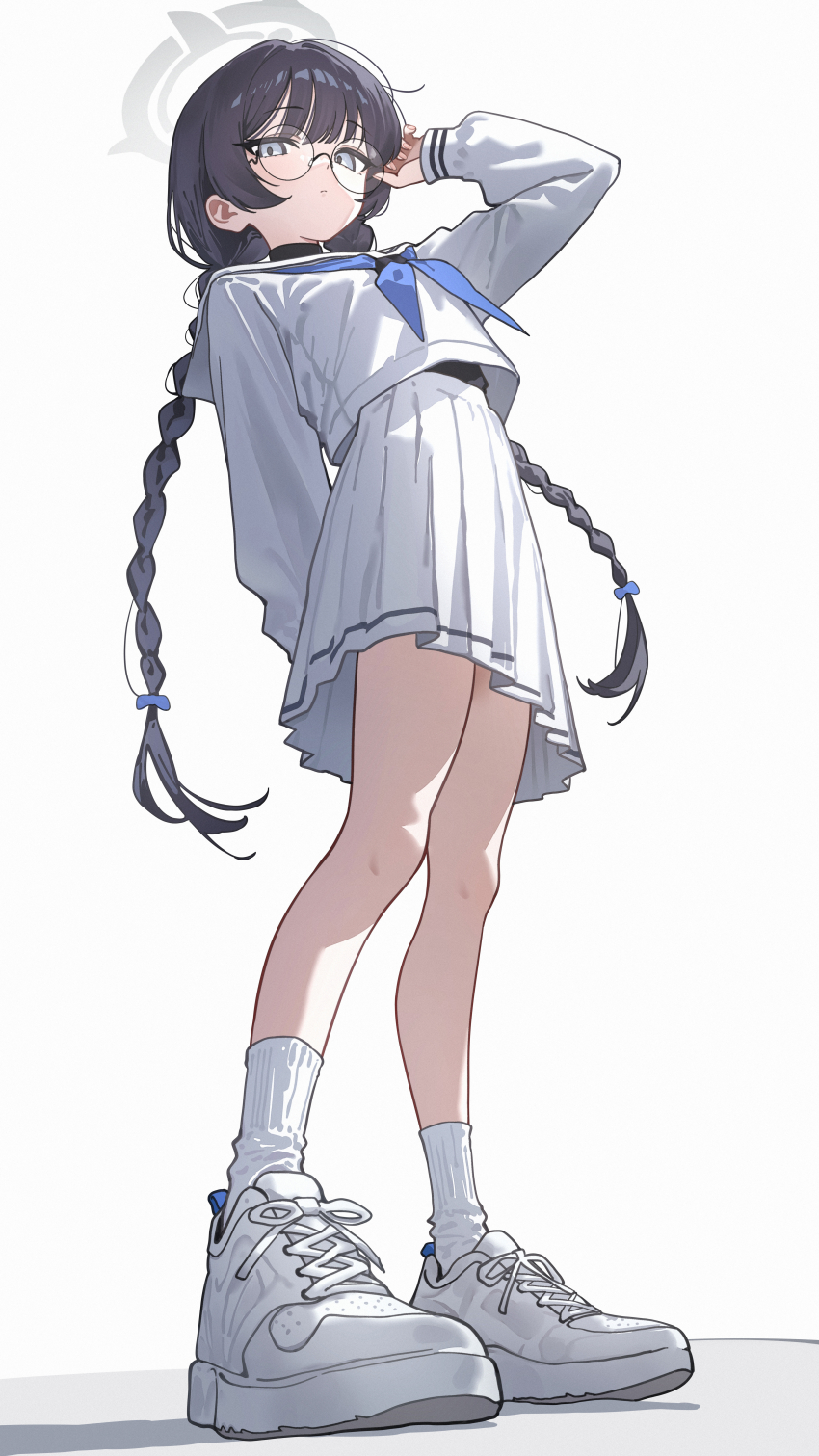 1girl absurdres alternate_costume black_hair blue_archive braid breasts commentary eco_376124 glasses grey_halo halo highres kisaki_(blue_archive) long_hair pleated_skirt school_uniform serafuku shoes simple_background skirt small_breasts sneakers socks solo symbol-only_commentary twin_braids white_background white_skirt white_socks
