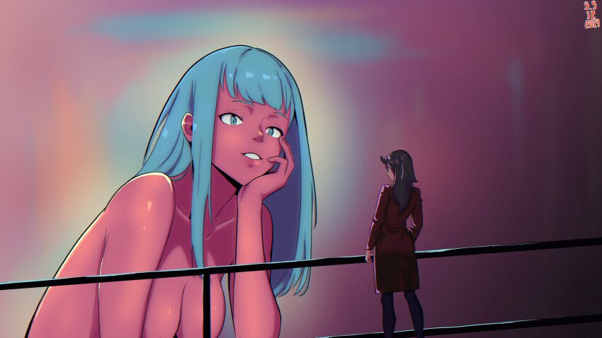 2girls absurdres ass black_hair blade_runner_2049 blunt_bangs breasts catwalk_(walkway) cleavage cosplay dated giant giantess goslingposting_(meme) hair_between_eyes highres hologram jacket k_(blade_runner_2049) k_(blade_runner_2049)_(cosplay) katou_asuka kuroki_tomoko large_breasts long_hair looking_at_another meme movie_reference multiple_girls neon_palette open_mouth parody railing santiagodraws scene_reference smile watashi_ga_motenai_no_wa_dou_kangaetemo_omaera_ga_warui! you_look_lonely_(meme) yuri
