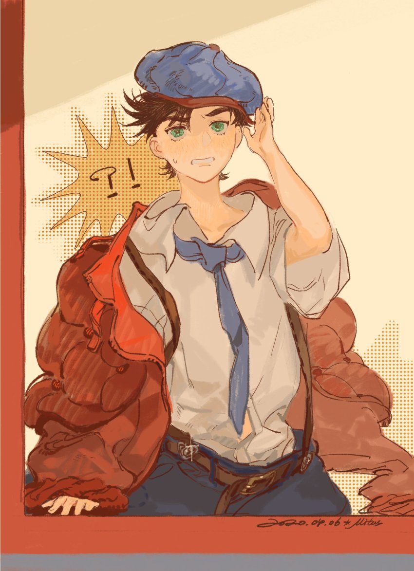 !? 1boy adjusting_clothes adjusting_headwear age_regression aged_down battle_tendency blush brown_hair newsboy_cap child coat green_eyes hat highres jacket jojo_no_kimyou_na_bouken joseph_joestar joseph_joestar_(young) male_focus mitus necktie oversized_clothes padded_coat red_coat red_jacket solo suspenders sweatdrop