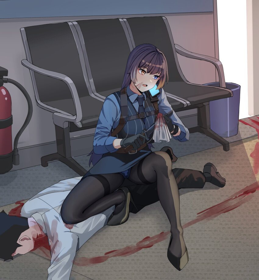 1girl absurdres alina_svard_kovalenko_(laotianaviator) backlighting black_pantyhose blood blood_on_ground blood_trail bloody_knife blue_eyes blue_necktie blue_panties blue_shirt cellphone commission corpse dress_shirt fire_extinguisher gar32 heterochromia high_heels highres indoors kneeling knife long_hair multicolored_hair necktie office_lady open_door original panties panty_peek pantyhose phone purple_hair second-party_source shirt smartphone stiletto_heels talking_on_phone thighband_pantyhose trash_can underwear yellow_eyes