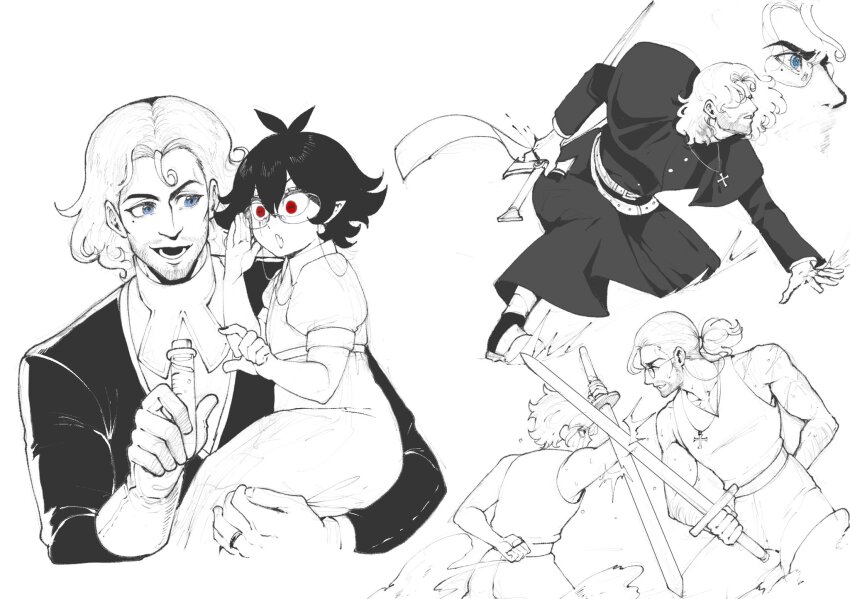 1girl 2boys adjusting_eyewear aged_down arm_behind_back beard_stubble black_hair blood bloodlight_(nyantcha) blue_eyes carrying child child_carry claudius_(nyantcha) commentary cross cross_necklace duel english_commentary facial_hair glasses highres holding holding_sword holding_vial holding_weapon horizontal_pupils jewelry looking_at_another medium_hair mikhail_(nyantcha) mole mole_under_eye multiple_boys multiple_views necklace nyantcha original pointy_ears ponytail red_eyes scar scar_across_eye scar_on_face scar_on_shoulder serious shirt_tucked_in short_hair sideways_glance sister_almonde_(nyantcha) spot_color stubble sword textless_version training vial weapon wide-eyed