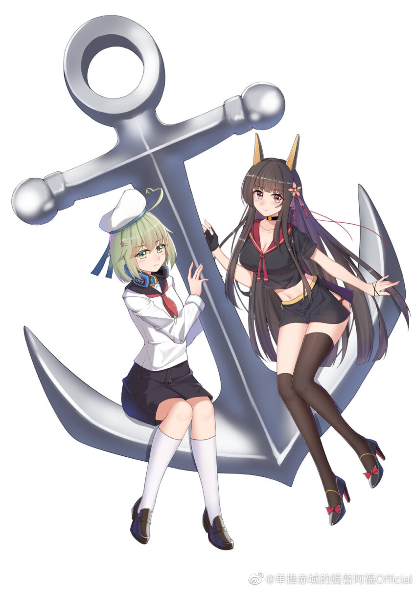 2girls ahoge akagi_(warship_girls_r) alternate_costume anchor anchor_symbol belt beret black_choker black_footwear black_gloves black_hair black_sailor_collar black_shirt black_skirt blunt_bangs breasts chichengde_haotidu_afusang choker cleavage closed_mouth collarbone crop_top fingerless_gloves flower full_body gloves green_eyes green_hair hair_flower hair_ornament hat high_heels highres kneehighs large_breasts loafers long_hair long_sleeves looking_at_viewer midriff miniskirt multiple_girls navel neckerchief pleated_skirt red_eyes red_neckerchief ribbon sailor_collar sailor_hat school_uniform serafuku shirt shoes short_hair short_sleeves shorts simple_background single_thighhigh sitting skirt smile socks stomach thighhighs very_long_hair warship_girls_r watermark weibo_watermark weibo_watermark white_background white_shirt