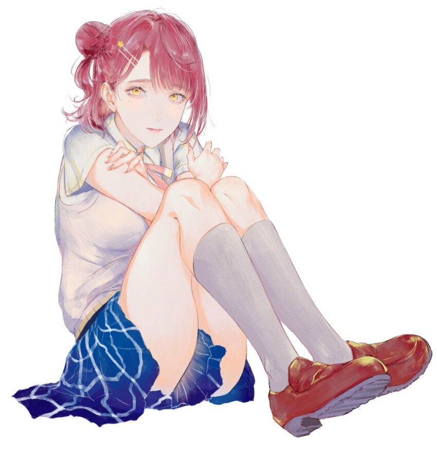 1girl blue_skirt blunt_bangs breasts brown_shoes bun_with_braided_base closed_mouth collared_shirt commentary convenient_skirt dress_shirt full_body grey_socks hair_bun hair_ornament hairclip half_updo large_breasts loafers looking_at_viewer love_live! love_live!_nijigasaki_high_school_idol_club medium_hair miniskirt neck_ribbon nijigasaki_school_uniform pink_hair pink_ribbon plaid_clothes plaid_skirt pleated_skirt ribbon school_uniform shirt shoes simple_background single_side_bun sitting skirt smile socks solo summer_uniform sweater_vest swept_bangs uehara_ayumu white_background white_shirt white_sweater_vest yellow_eyes yoruneko_yashiro