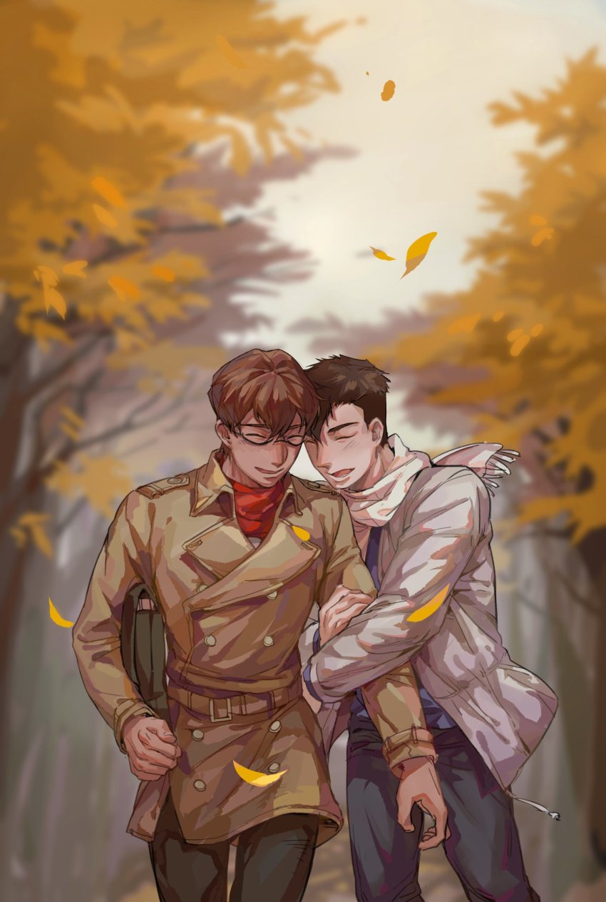 2boys adam_(voltron) black_hair black_pants brown_coat brown_hair coat couple dark-skinned_male dark_skin closed_eyes glasses grey_jacket highres hug hyakujuu-ou_golion jacket male_focus multiple_boys pants red_scarf sai20181111 scarf short_hair smile takashi_shirogane voltron:_legendary_defender voltron_(series) white_scarf yaoi