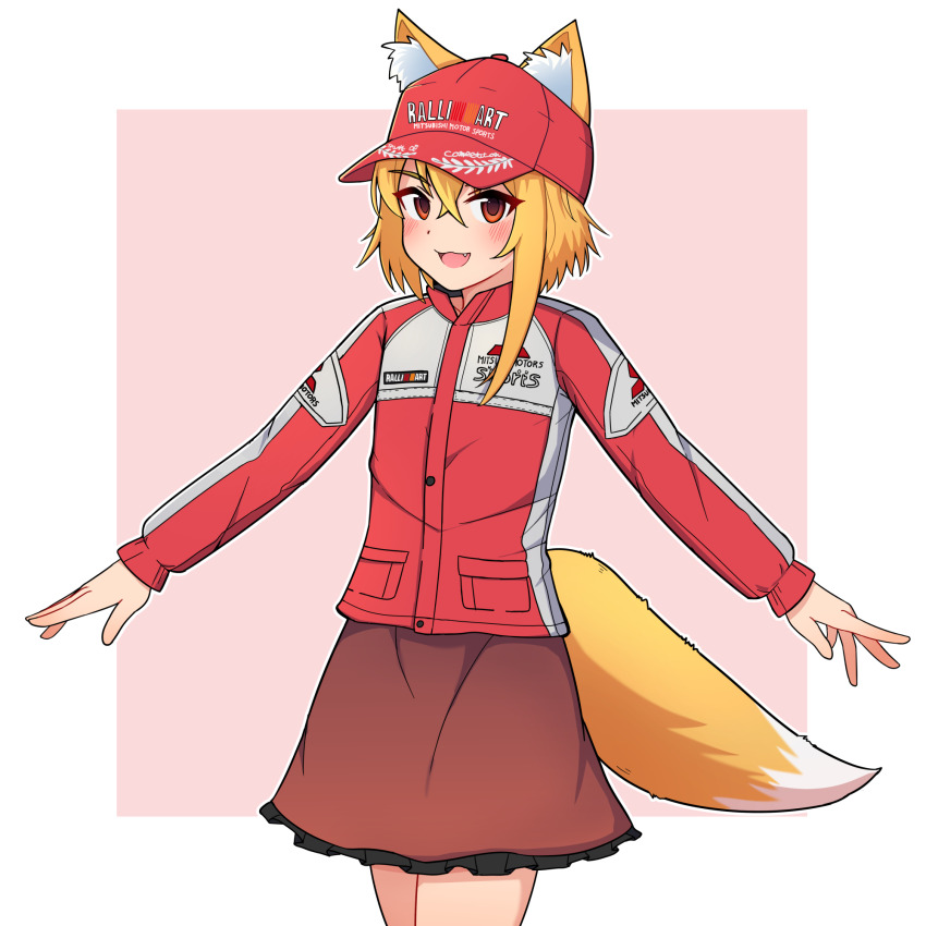1girl 3520a076 a-pose animal_ears asymmetrical_hair baseball_cap blonde_hair blush brown_skirt commentary_request cookie_(touhou) cowboy_shot crossed_bangs ears_through_headwear fang fox_ears fox_girl fox_tail frilled_skirt frills hair_between_eyes hat highres jacket long_sleeves looking_at_viewer medium_hair miramikaru_riran mitsubishi_motors open_mouth orange_eyes pink_background red_hat red_jacket simple_background single_sidelock skirt smile solo tail two-tone_background white_background
